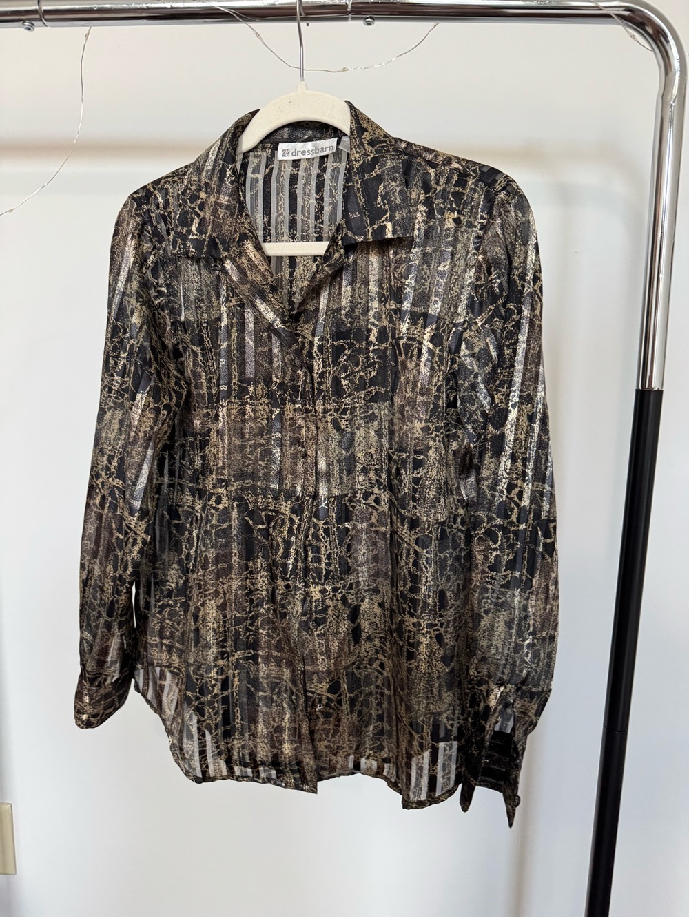 Zara Sheer Black Button-Down Shirt with Metallic Gold Pattern